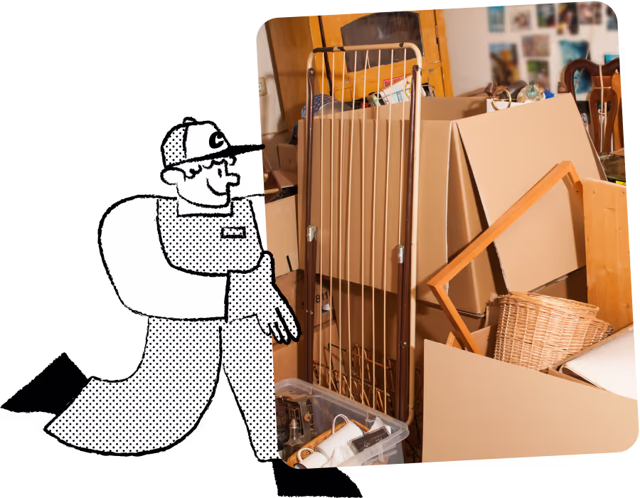 Illustration of Chuck's mascot, a friendly worker in overalls, carrying a pile of household junk, including boxes, furniture, and rubbish, ready for removal. Represents Chuck’s hassle-free junk removal service.